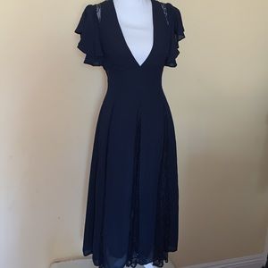 ASOS Midi Dress With Lace Godet Panels Ruffle Short Sleeves Navy Blue Size 4